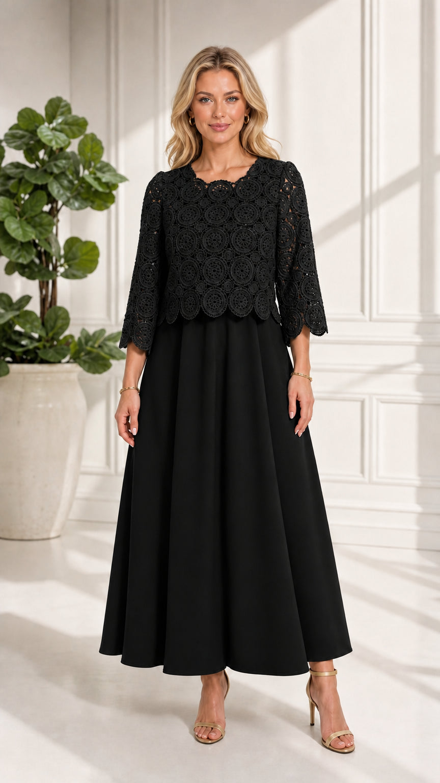 Full front view of black crochet lace layered maxi dress