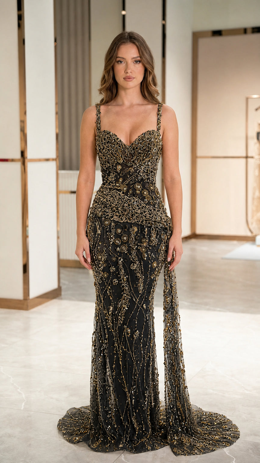 Front view of model wearing black and gold embellished sequin mermaid evening gown