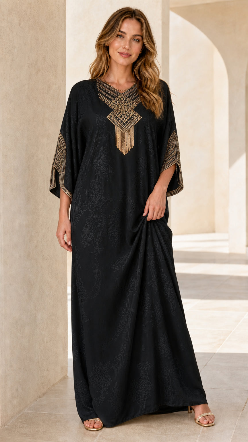 Model wearing Black embellished kaftan maxi dress