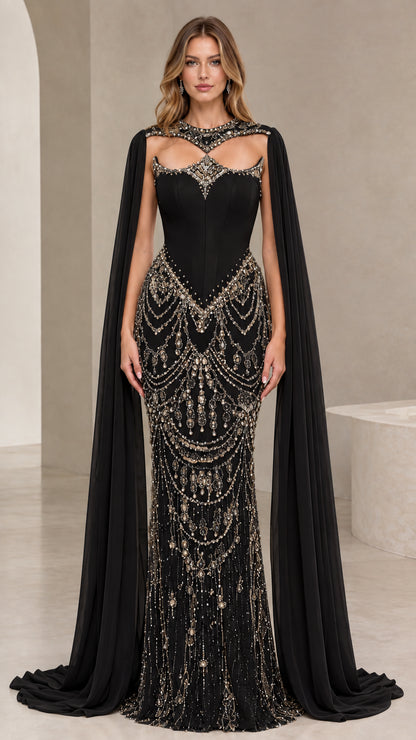 Black embellished corset formal gown with long flowing cape sleeves