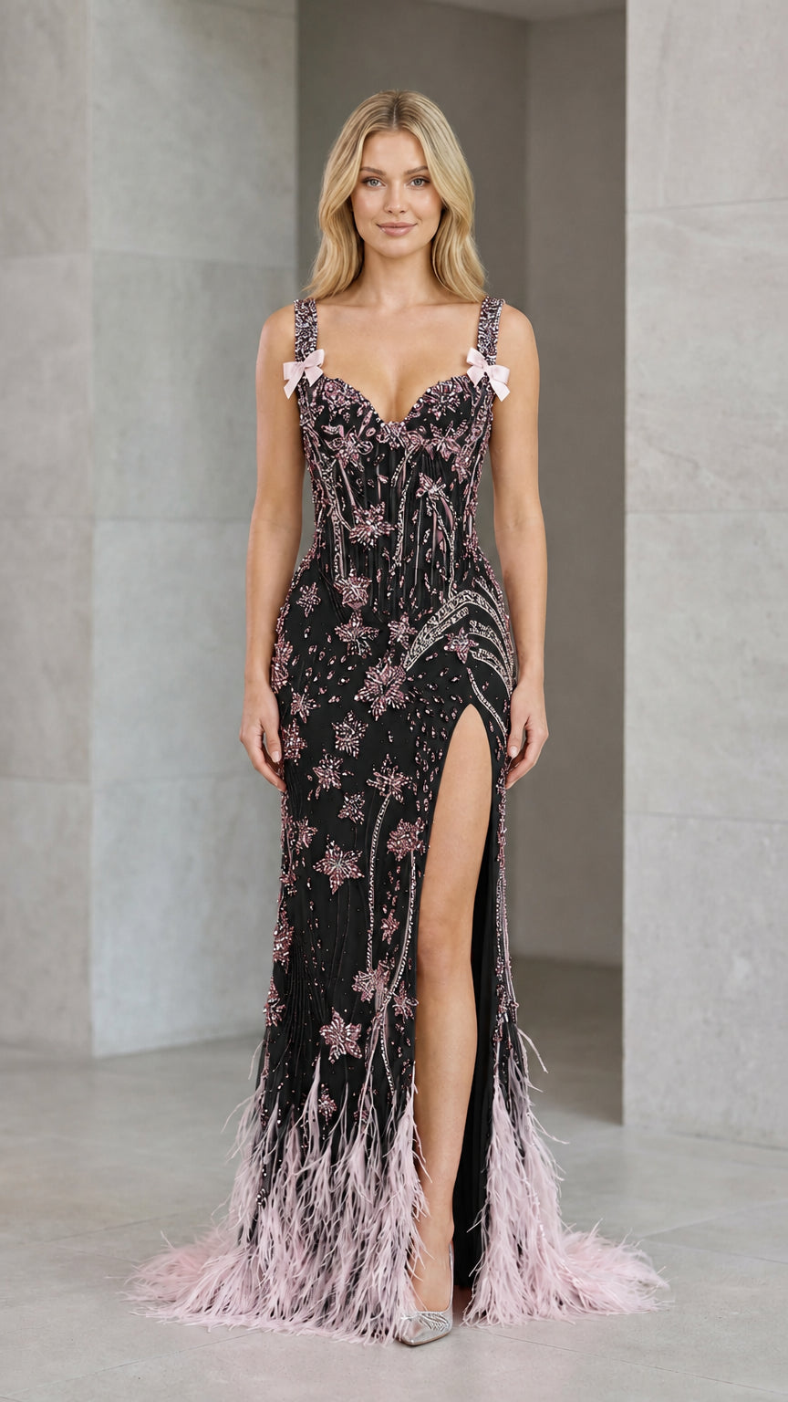 Front view of model in black and pink sequin corset evening gown with feather trim