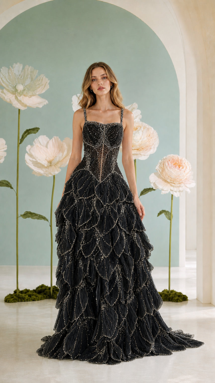 Black beaded corset tiered ruffle evening gown front view