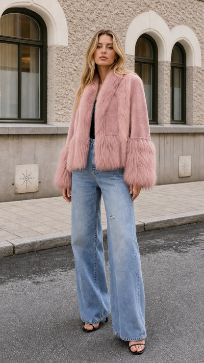Model wearing dusty pink faux fur cropped jacket with wide-leg jeans