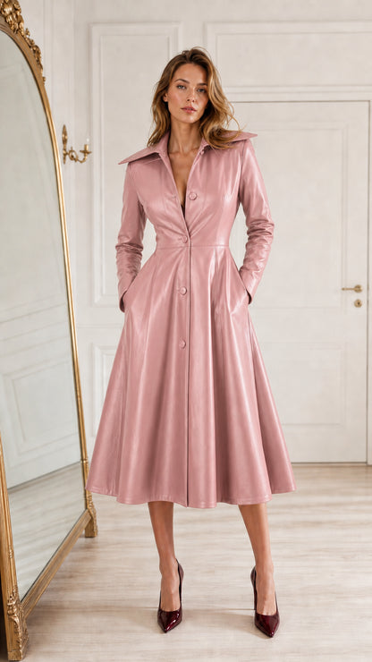 Front full-length view of woman wearing dusty pink faux leather A-line midi dress