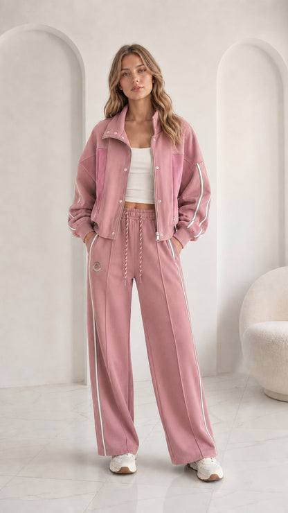 Women's dusty pink 2-piece casual zip-up wide leg sweat suit
