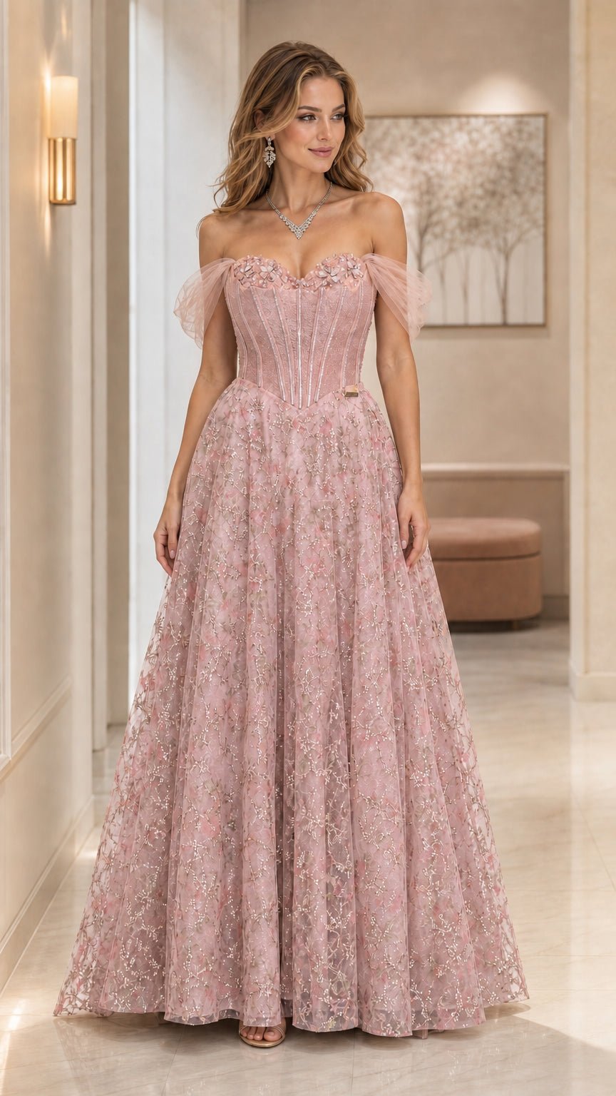 Blush pink off-the-shoulder glitter corset formal evening gown front view