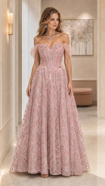 Blush pink off-the-shoulder glitter corset formal evening gown front view