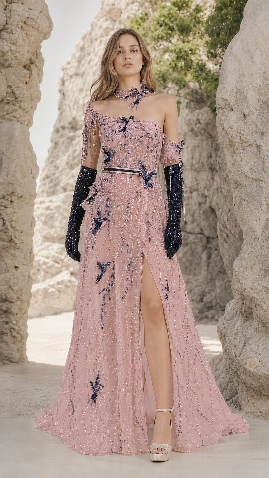 Full front view of Dusty Pink asymmetrical beaded evening dress