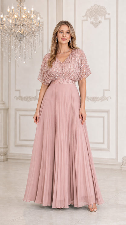 Dusty pink sequin flutter sleeve pleated chiffon formal gown