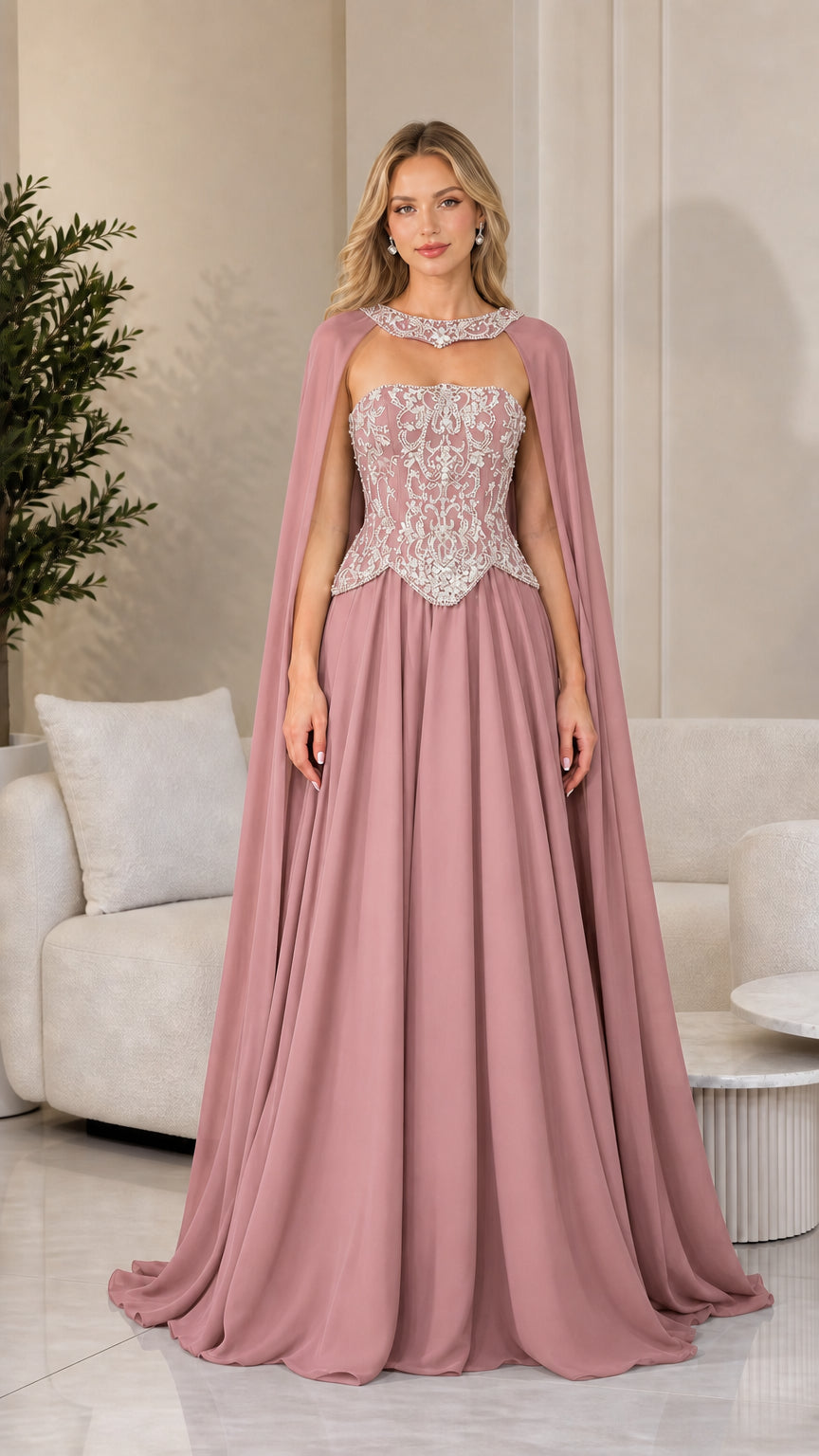 Front view of dusty rose pink beaded corset gown with attached chiffon cape