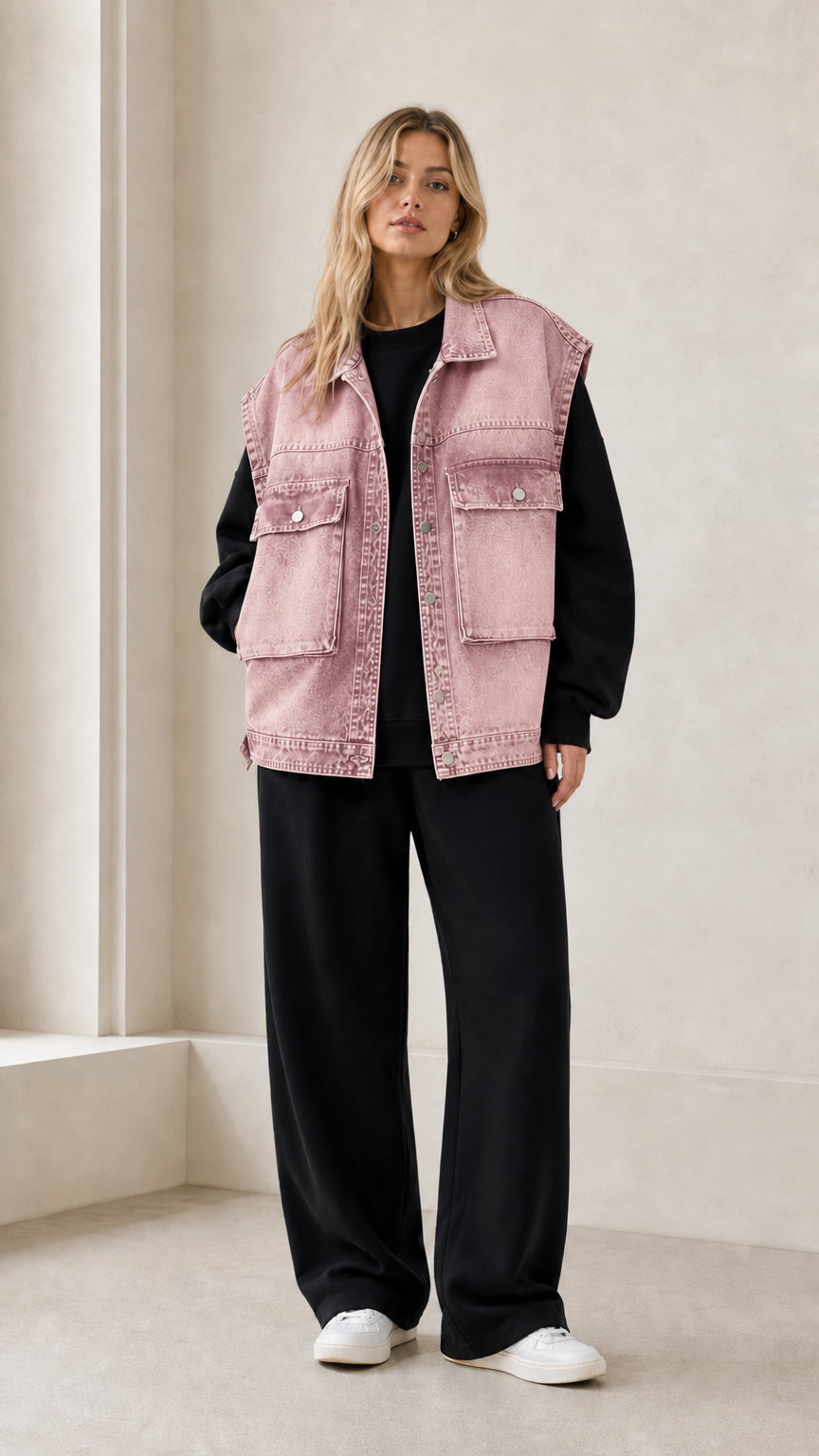 Front full view of woman wearing dusty pink vintage washed oversized denim vest