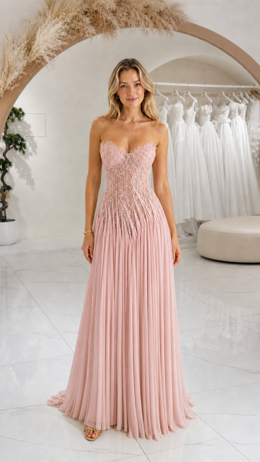 Front view of blush pink strapless sweetheart lace pleated maxi dress
