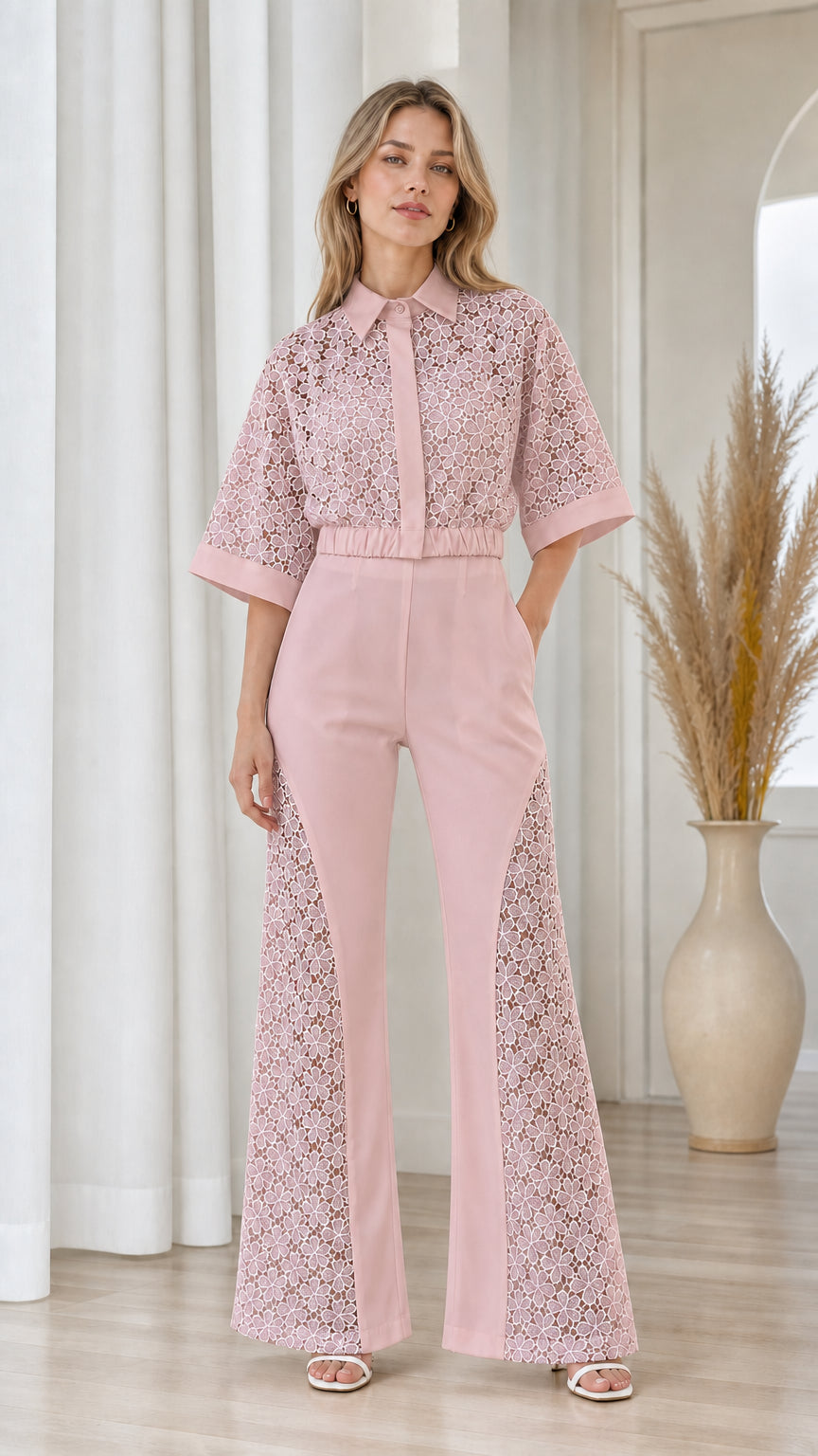 Model wearing dusty pink collared lace wide-leg jumpsuit