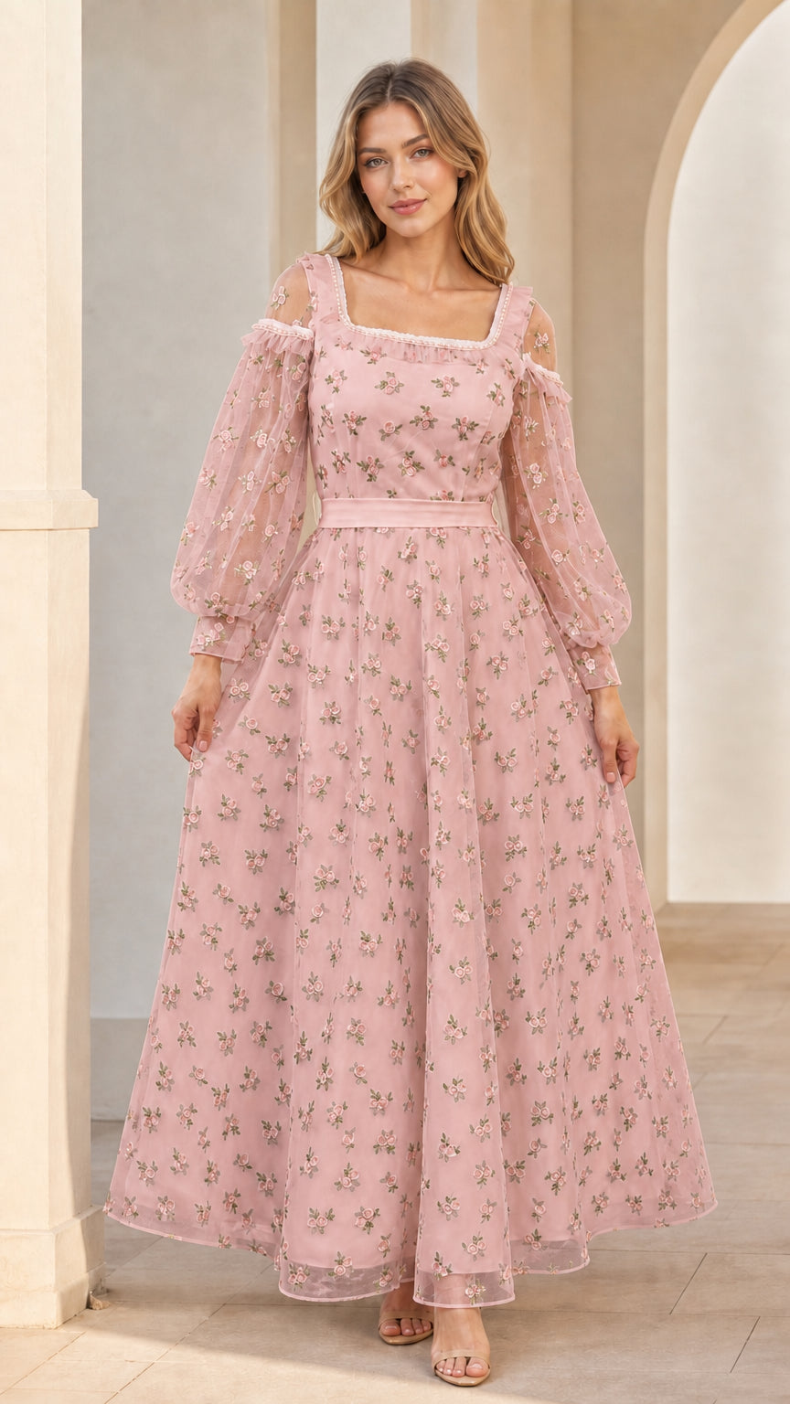 Model wearing dusty pink floral embroidered cold-shoulder maxi dress