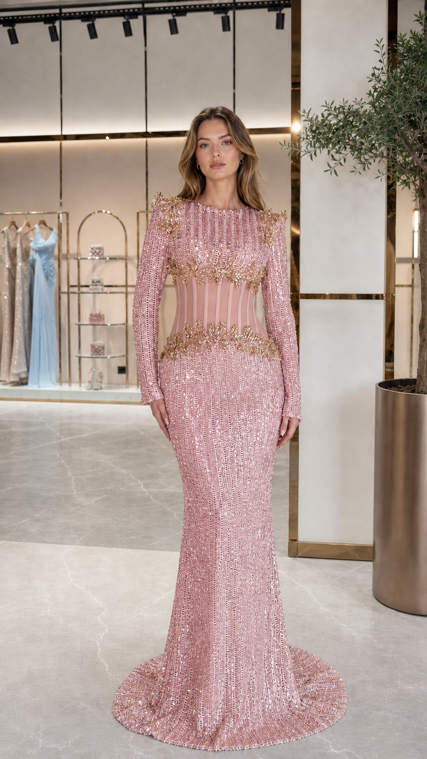 Front view of Blush Pink long sleeve sequin gown with illusion corset waist