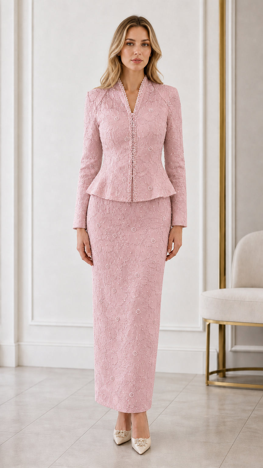 Full front view of dusty pink embroidered peplum skirt suit