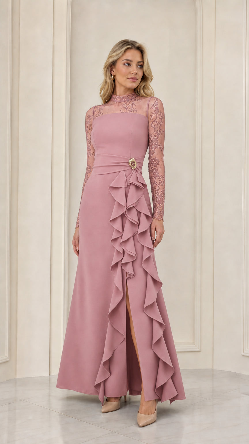 Dusty rose pink long sleeve formal evening gown with lace illusion neckline