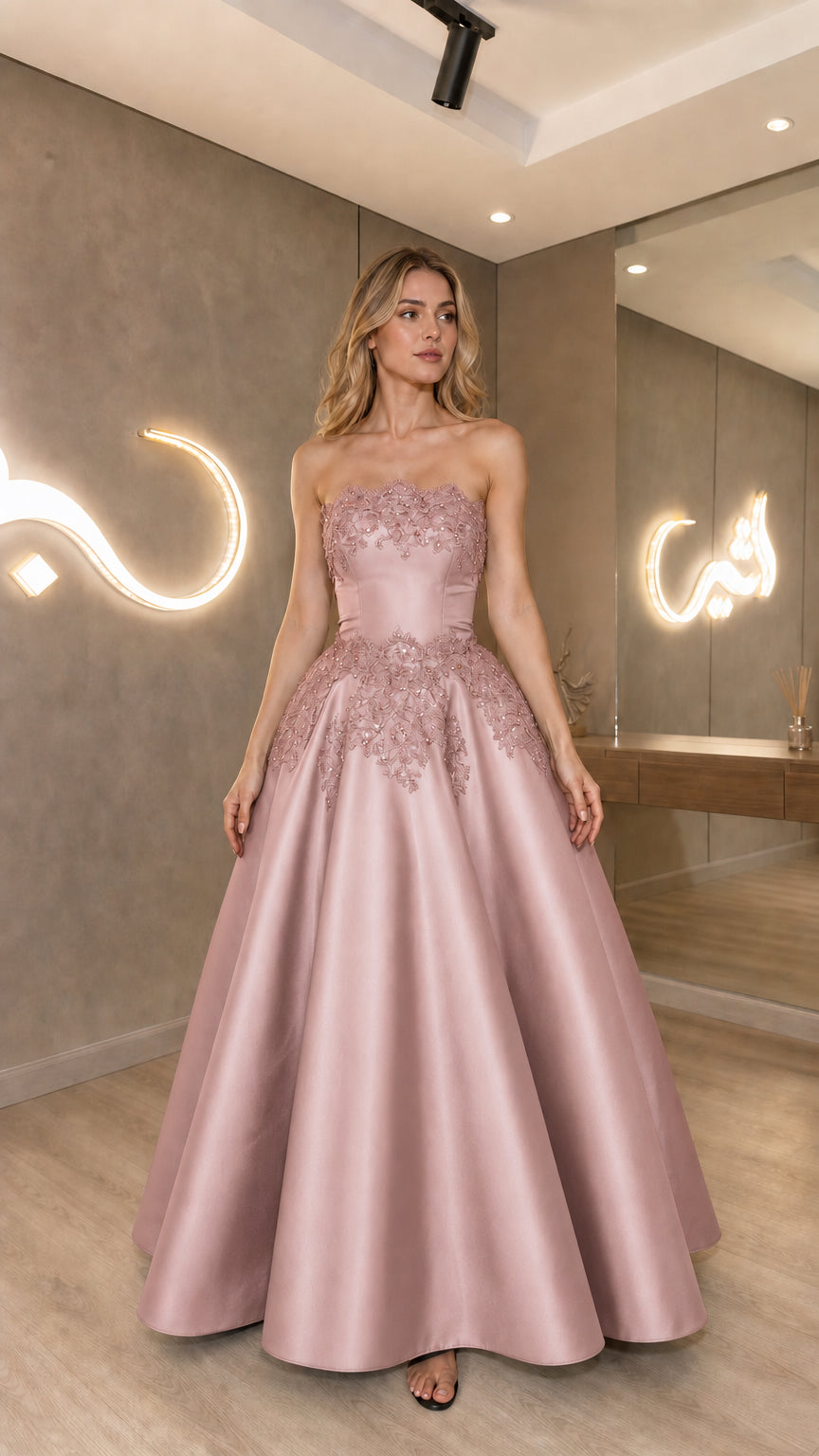 Dusty pink strapless satin evening dress front view