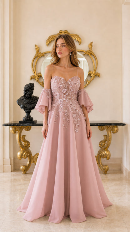Dusty Pink romantic floral beaded floor-length formal gown with off-the-shoulder sleeves