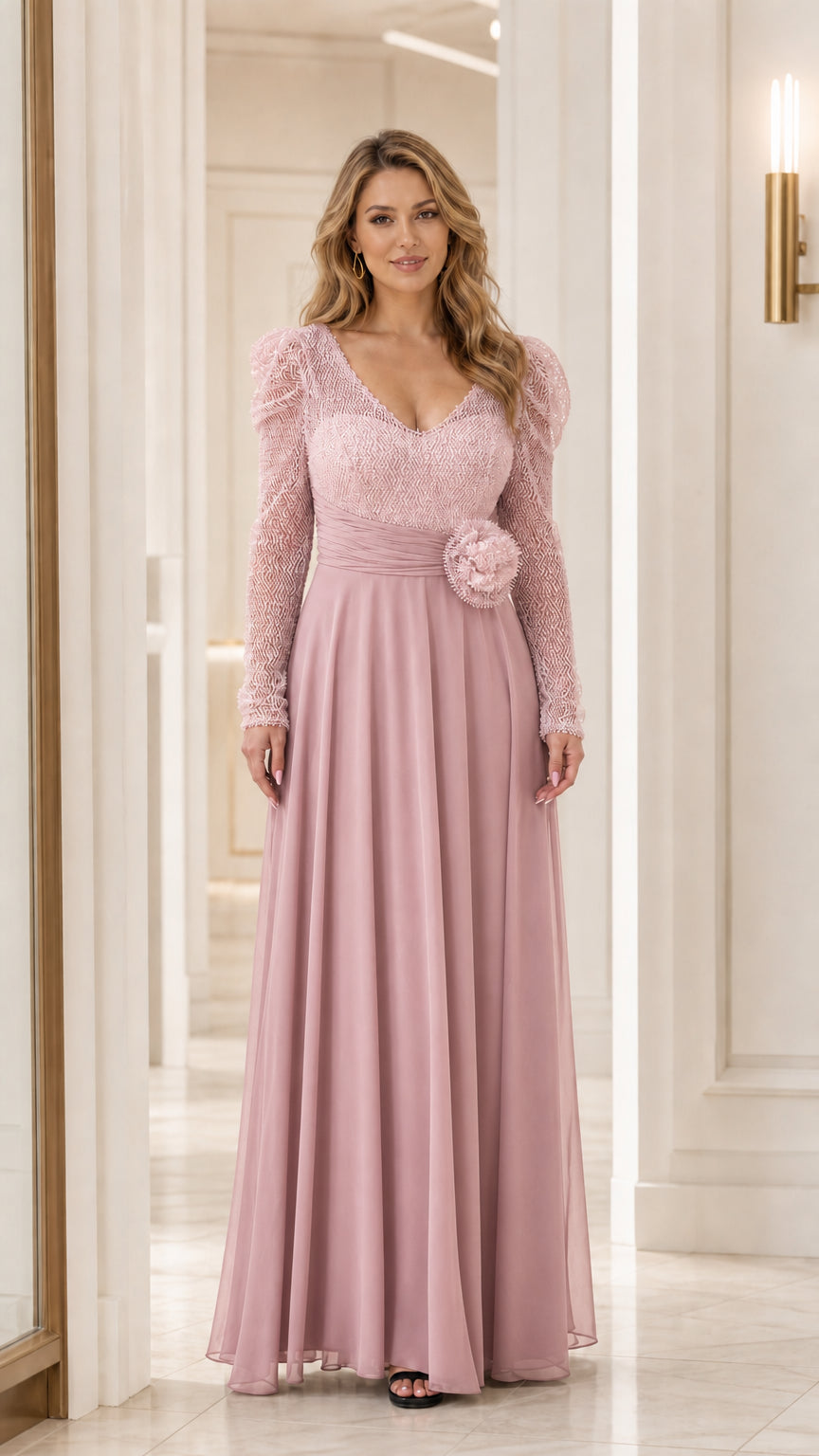 Dusty rose monochrome long sleeve sequin bodice maxi evening gown