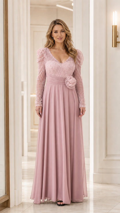 Dusty rose monochrome long sleeve sequin bodice maxi evening gown
