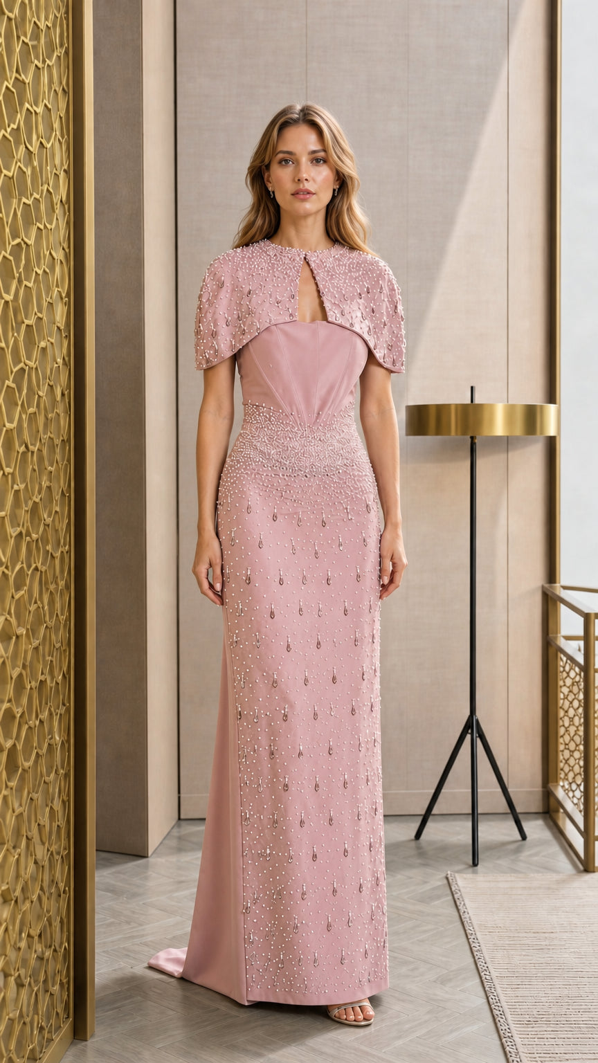 Blush Pink column evening gown with embellished capelet overlay