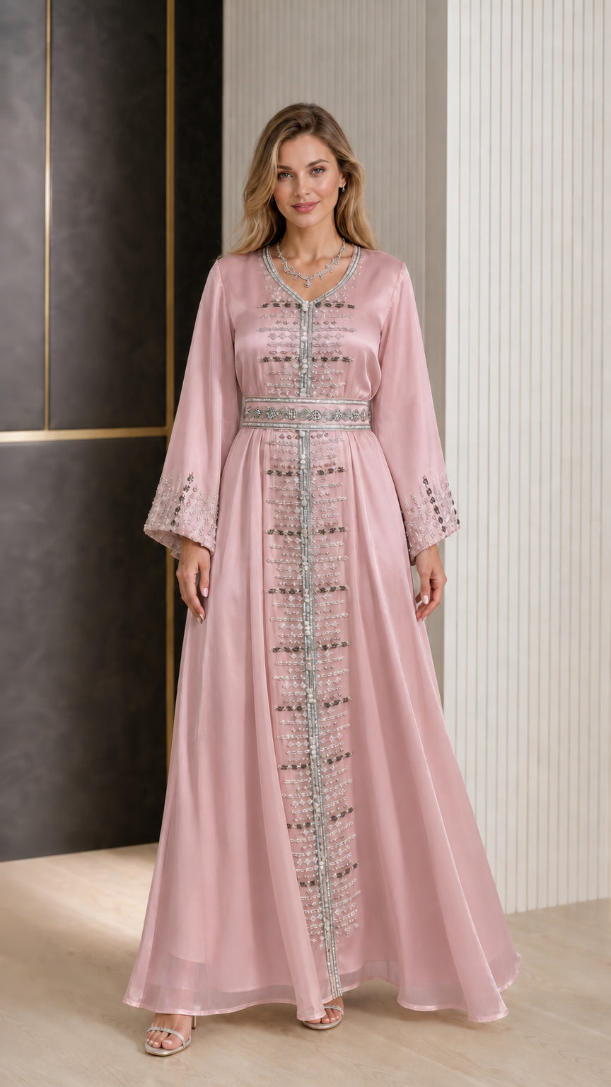 Front view of Dusty Rose embroidered satin kaftan maxi dress