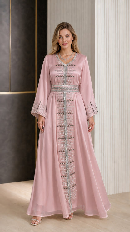 Front view of Dusty Rose embroidered satin kaftan maxi dress
