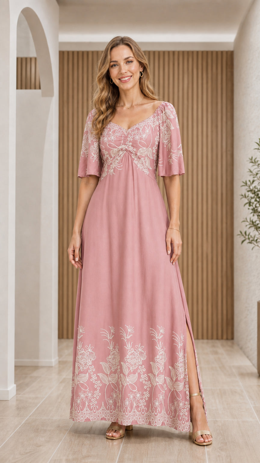 Front view of woman wearing Dusty Rose pink floral embroidered maxi dress
