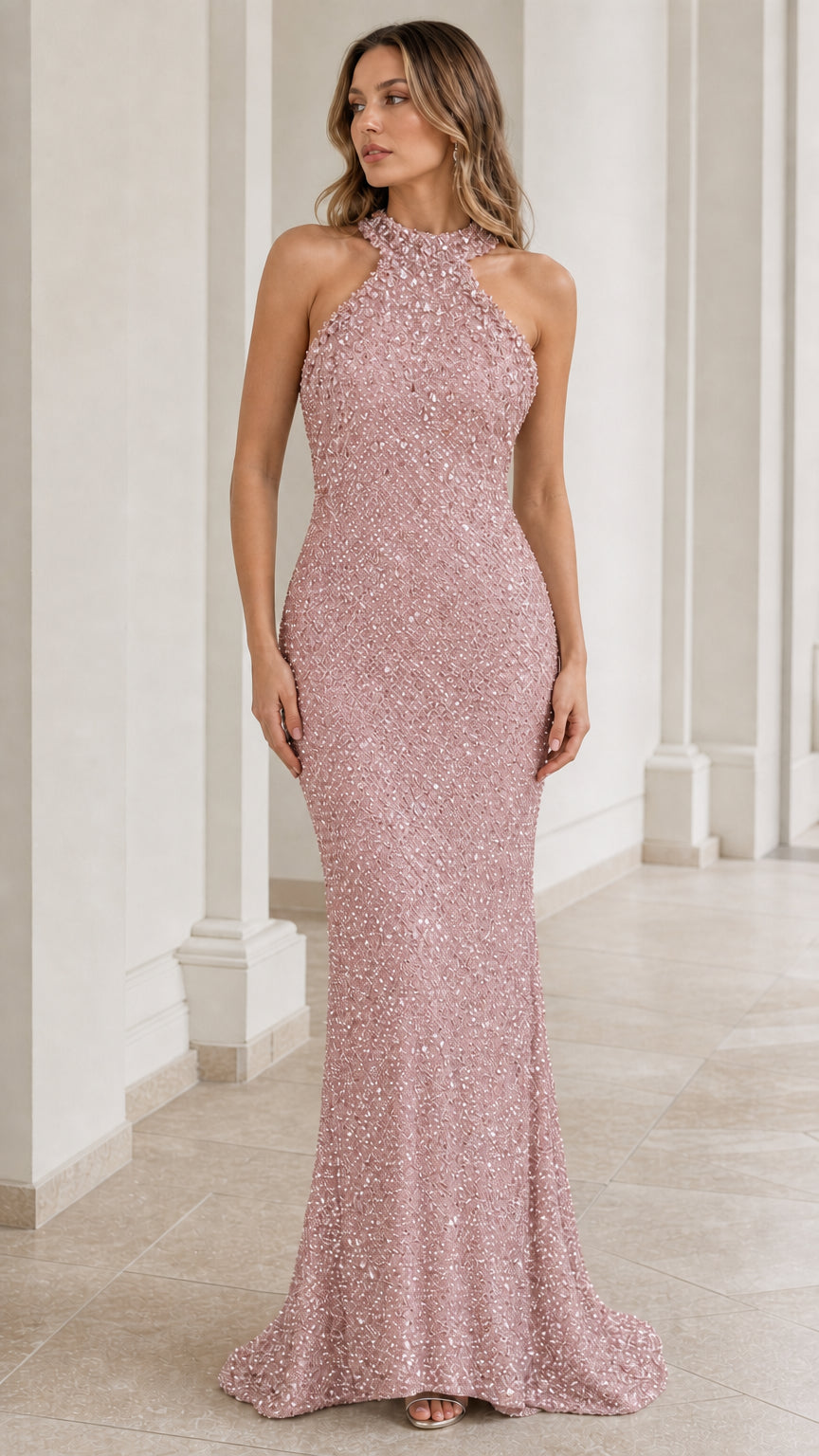 Blush pink halter backless sequin evening maxi dress