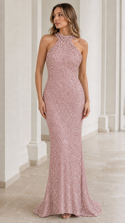 Blush pink halter backless sequin evening maxi dress
