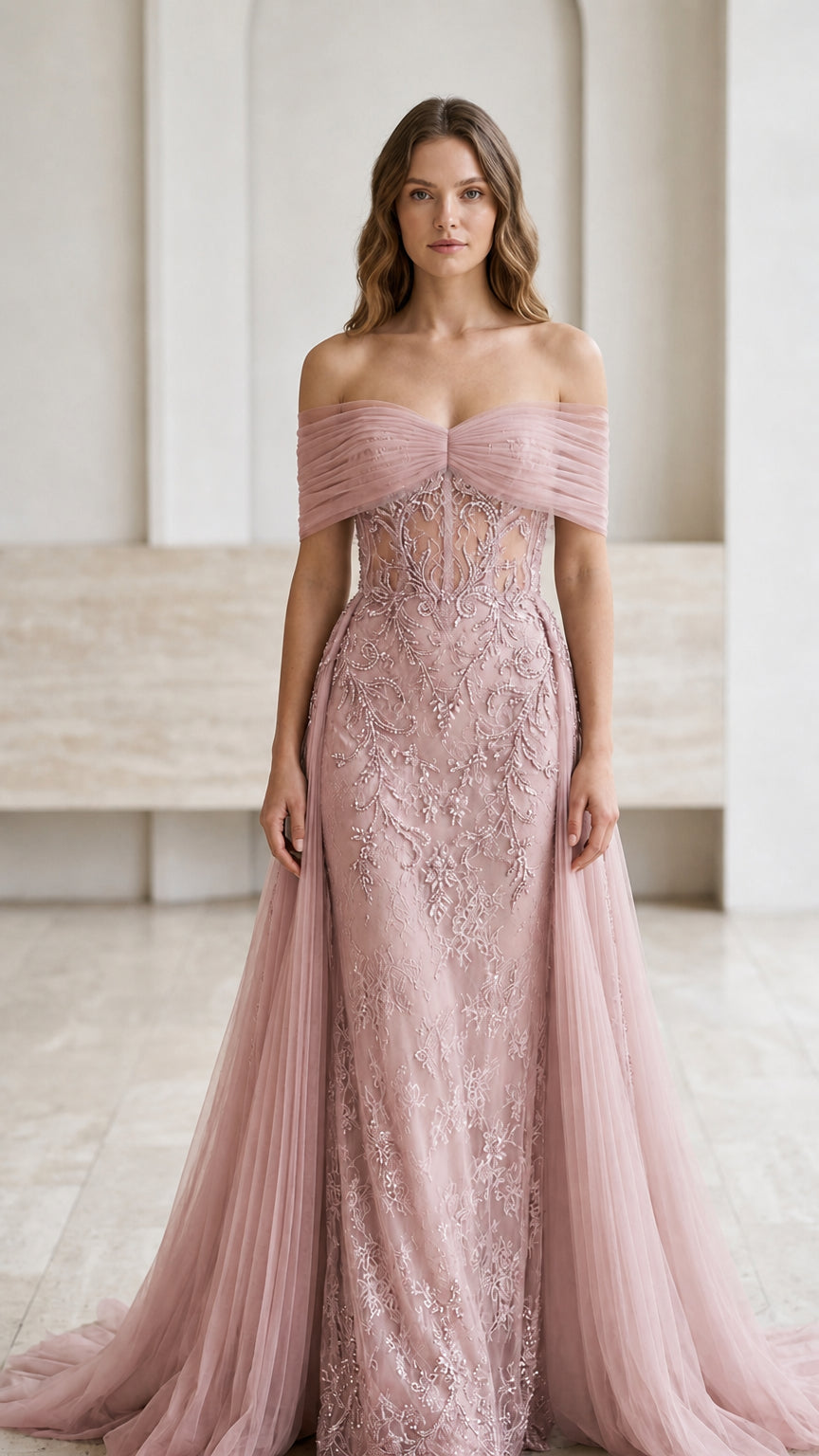 Dusty rose off-the-shoulder sequined floral evening gown with chapel train