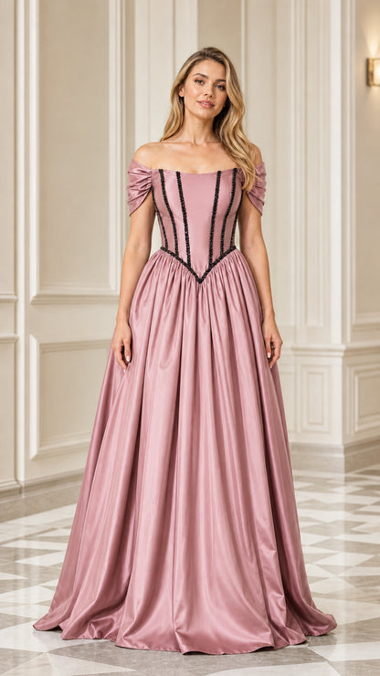 Dusty Rose off-the-shoulder satin corset formal dress