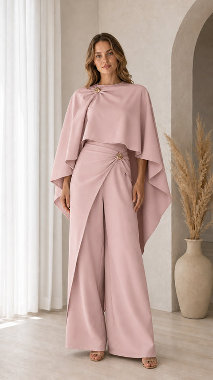 Front view of model wearing Dusty Pink cape top and draped wide-leg pants set