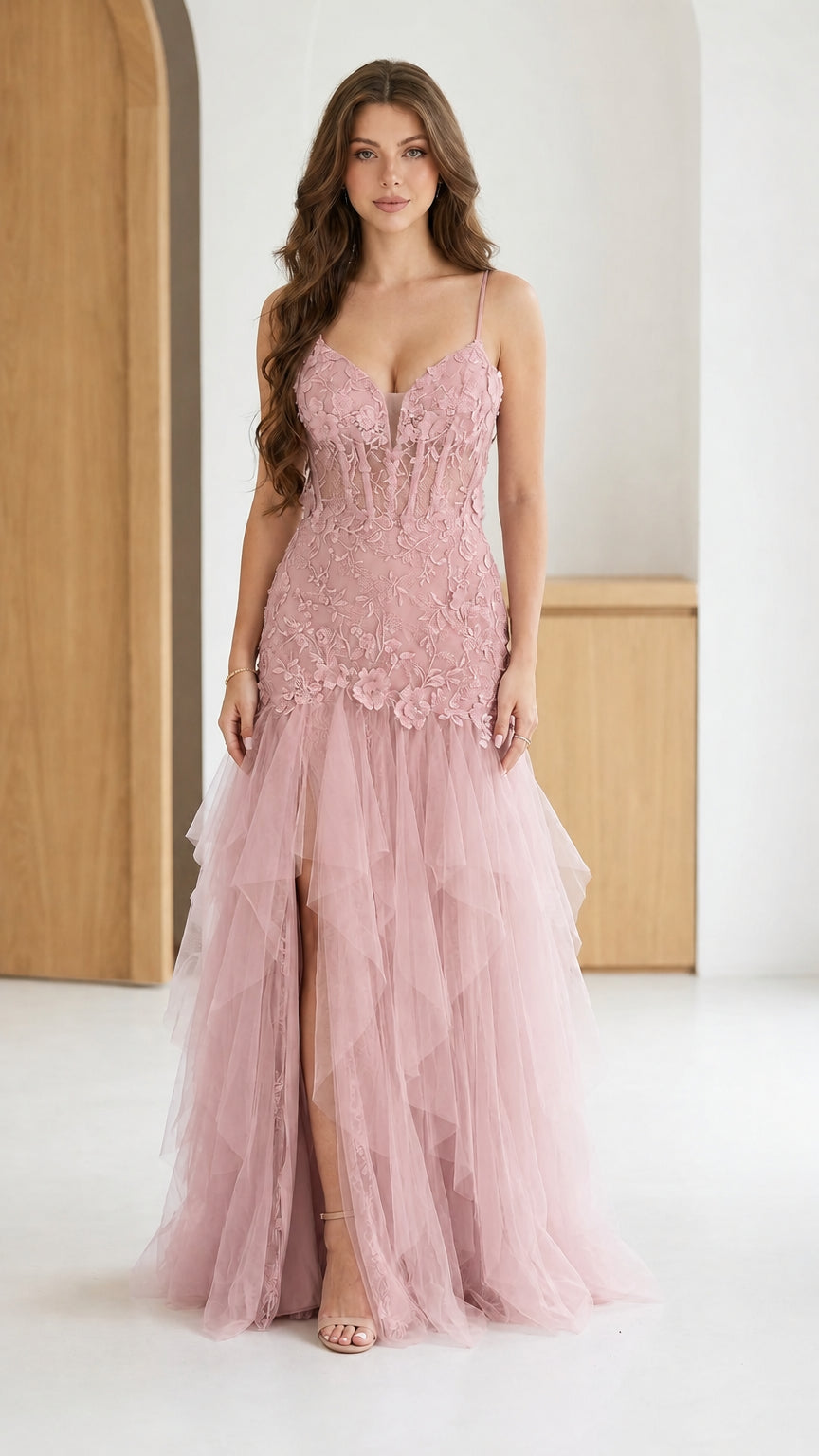 Dusty rose floral lace corset bodice maxi tulle evening dress