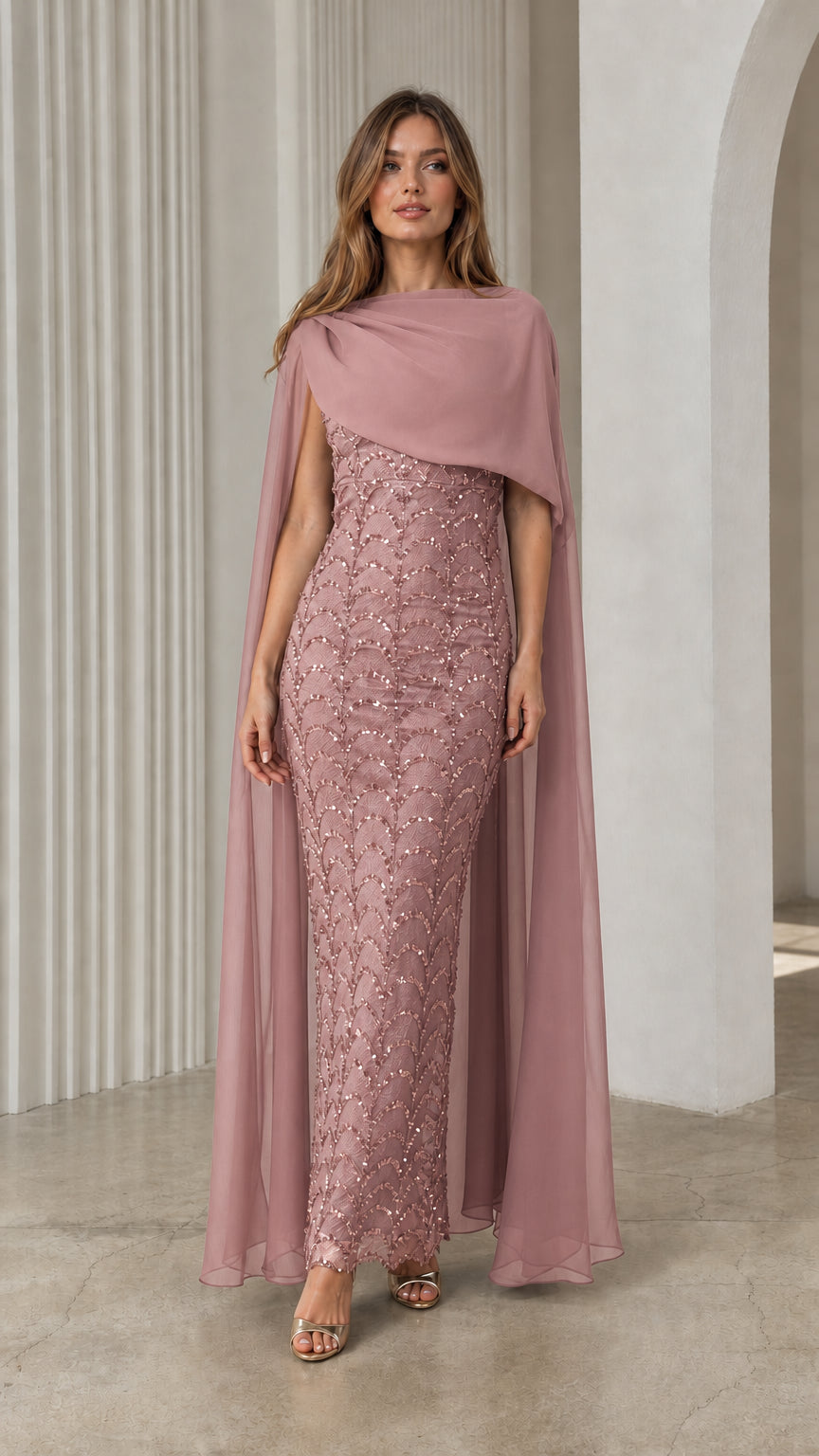 Dusty mauve sequined formal gown with elegant sheer floor-length cape overlay
