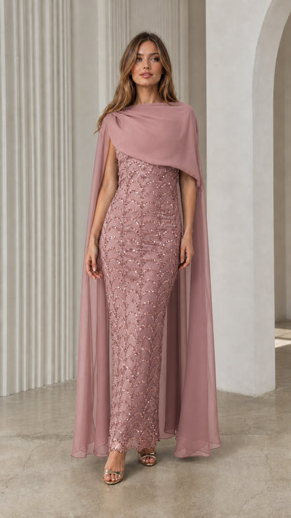 Dusty mauve sequined formal gown with elegant sheer floor-length cape overlay