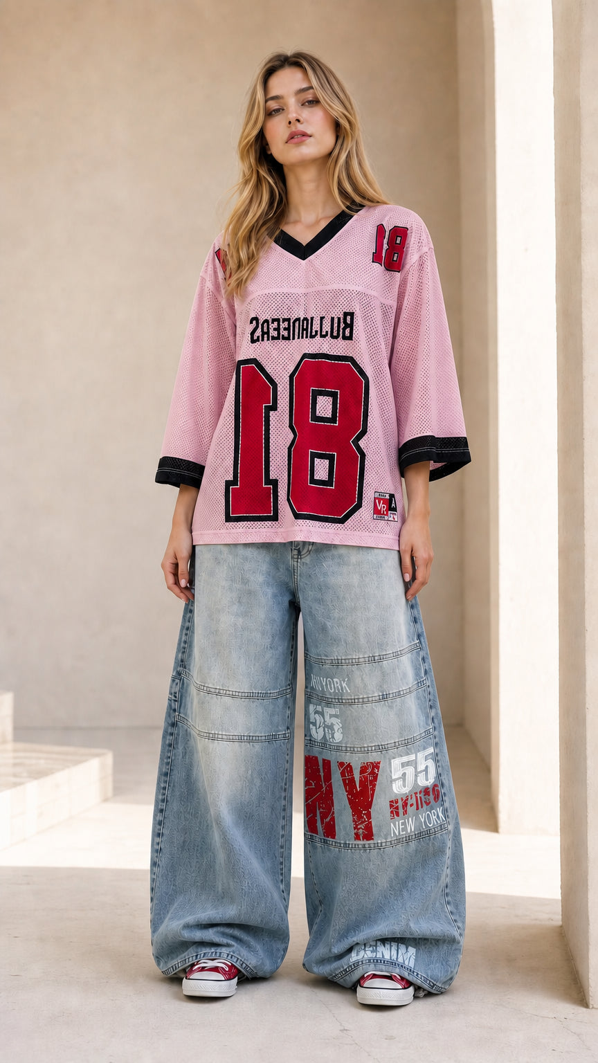 Full front view of light pink oversized sporty mesh graphic jersey top