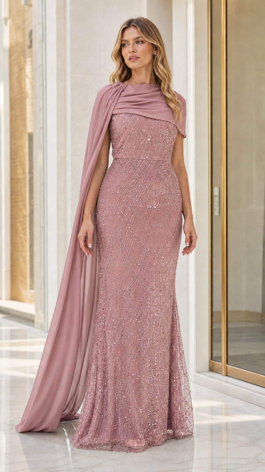 Full front view of dusty mauve sequin formal dress with draped chiffon cape