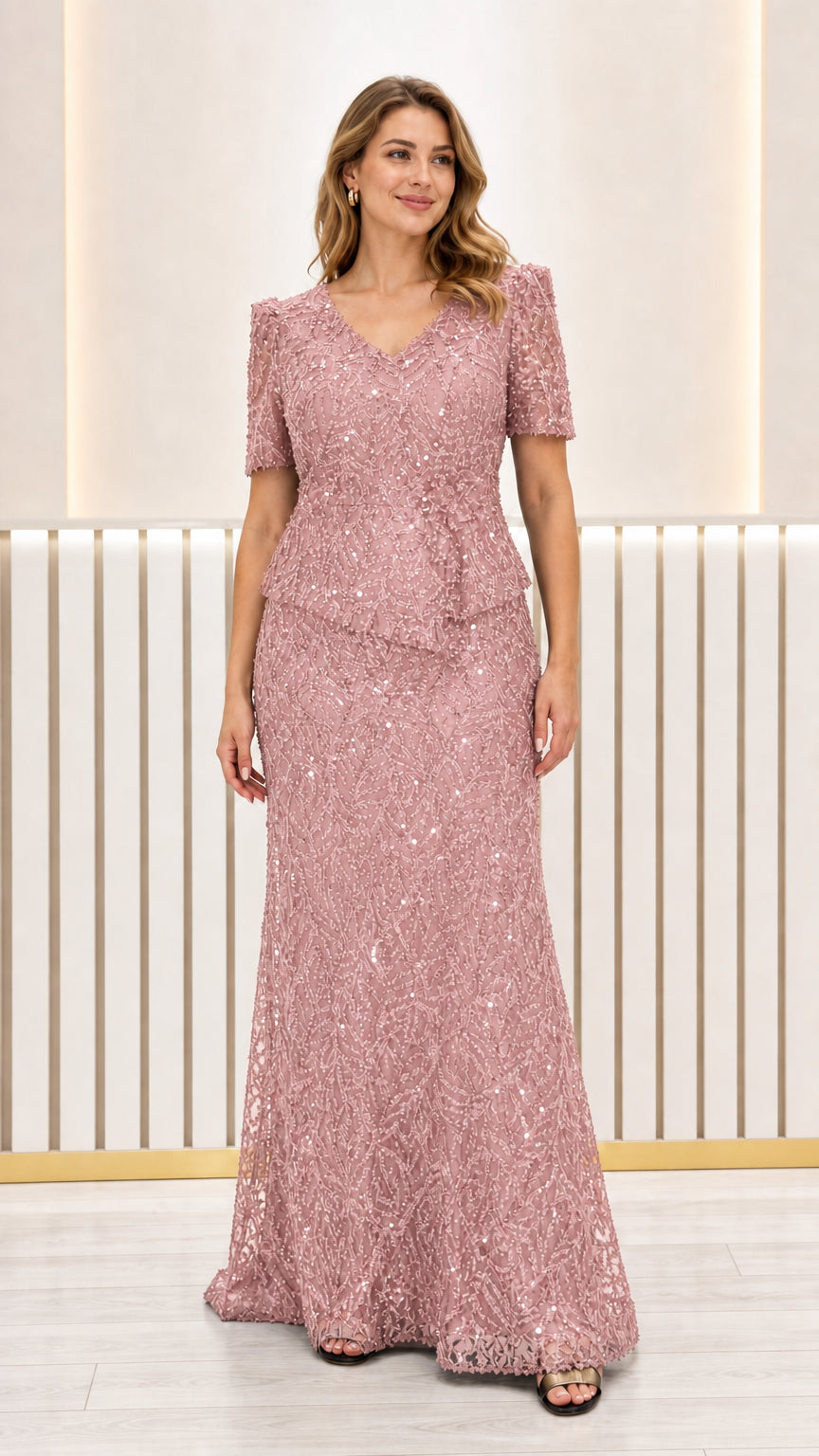 Front view of dusty rose sequined peplum maxi gown