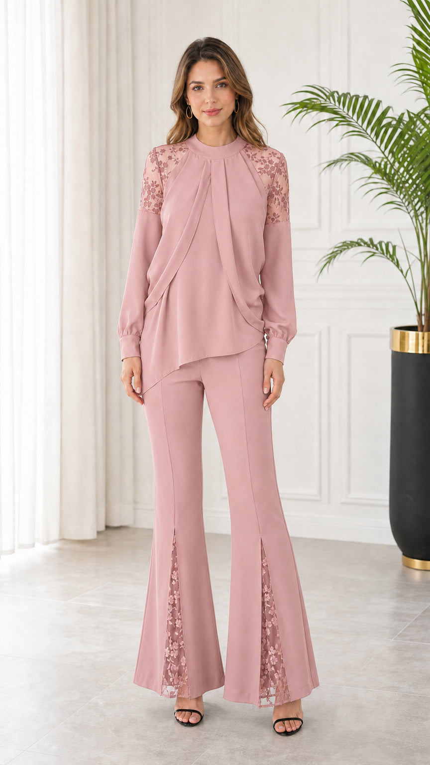 Front full-length view of dusty pink long sleeve lace patchwork top and flare trousers set