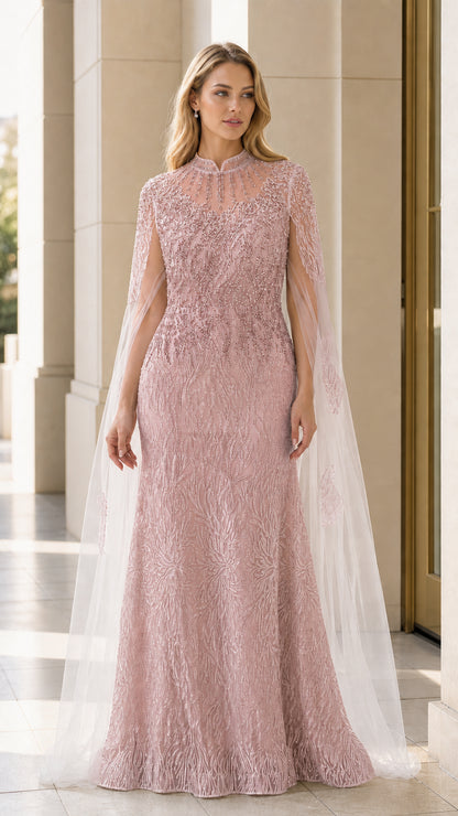 Full length dusty pink beaded cape evening dress on model