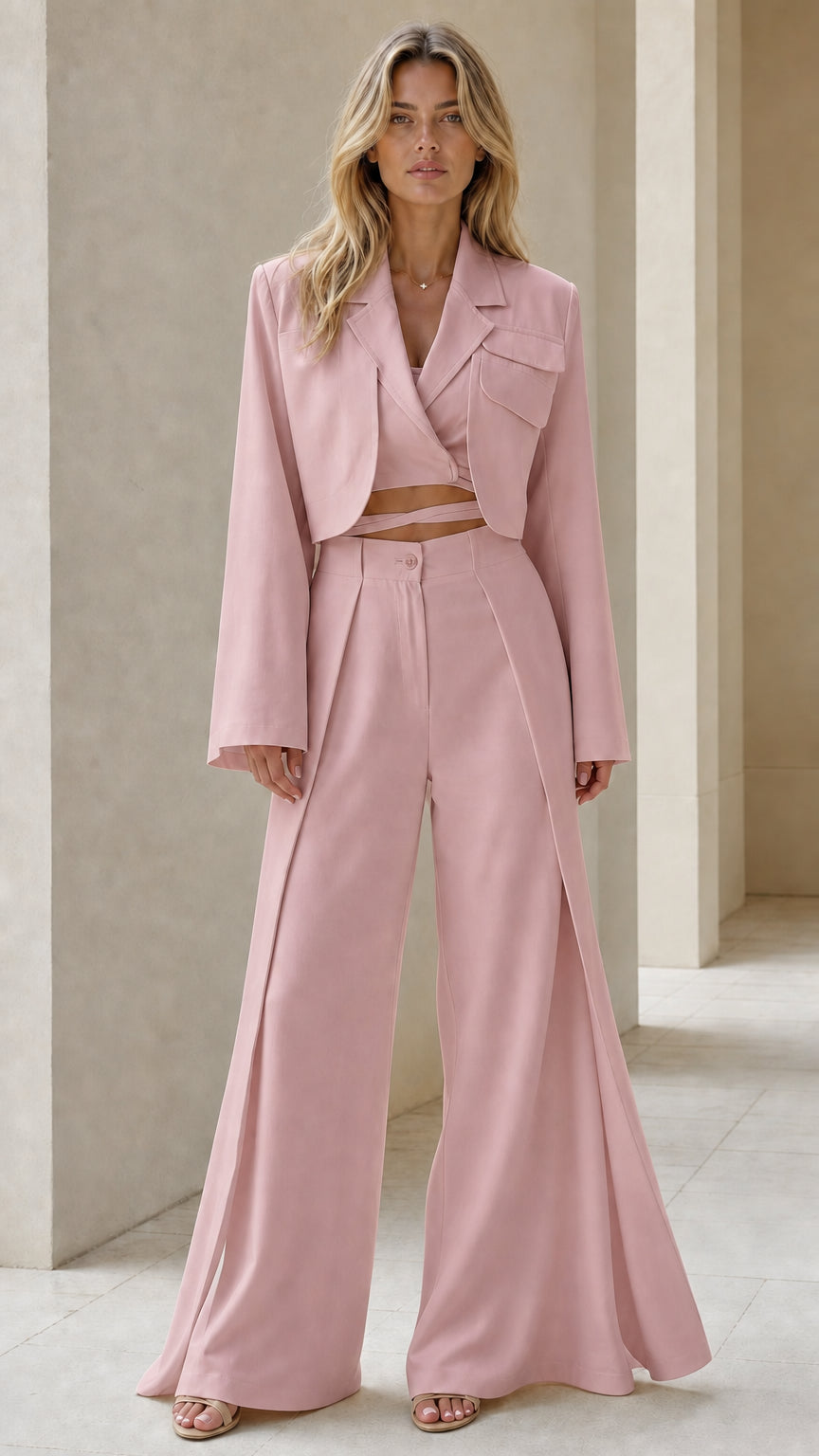 Front view of dusty pink cropped blazer and wide-leg trousers set