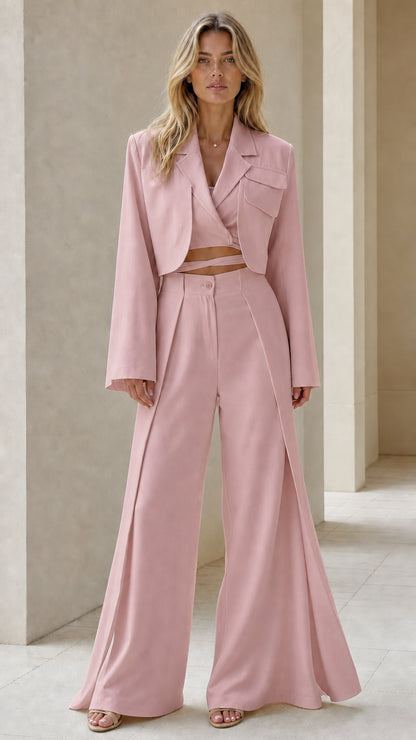 Front view of dusty pink cropped blazer and wide-leg trousers set