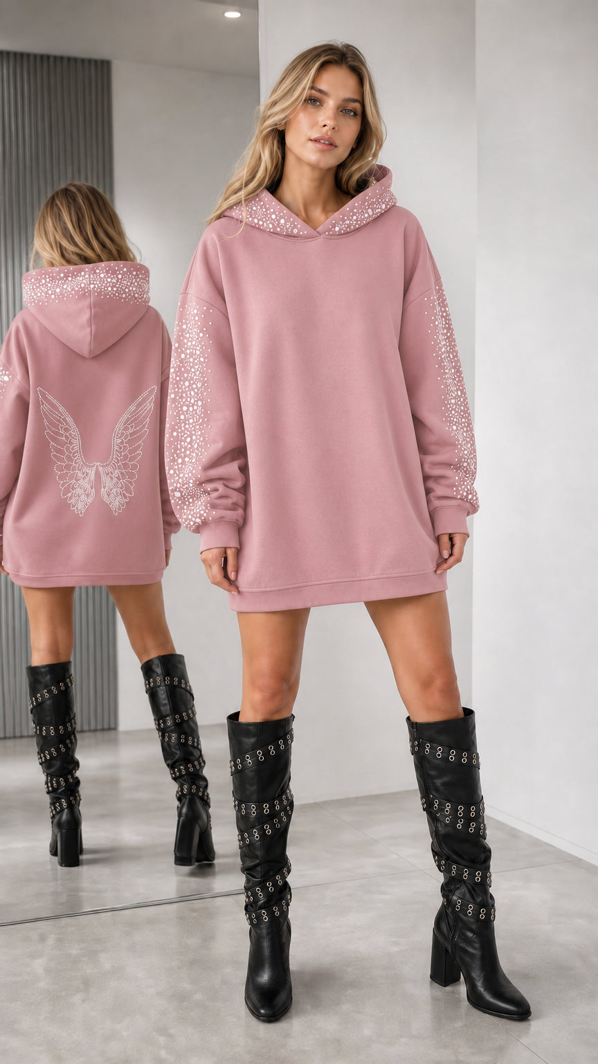 Dusty pink oversized rhinestone angel wing hoodie dress shown from front and back