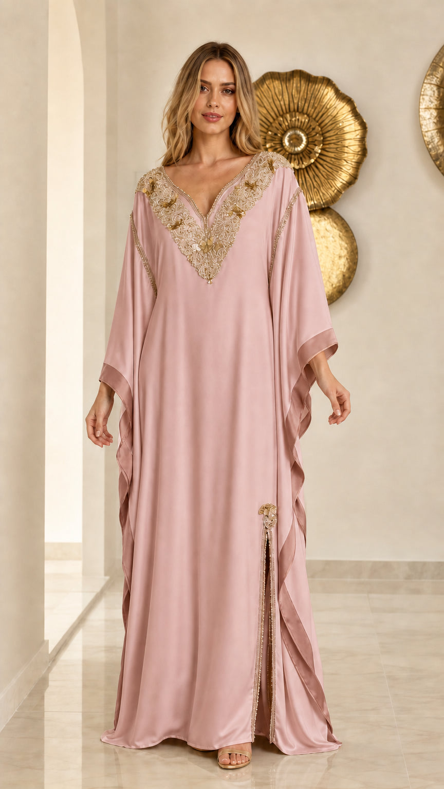 Front view of dusty pink embroidered batwing kaftan maxi dress