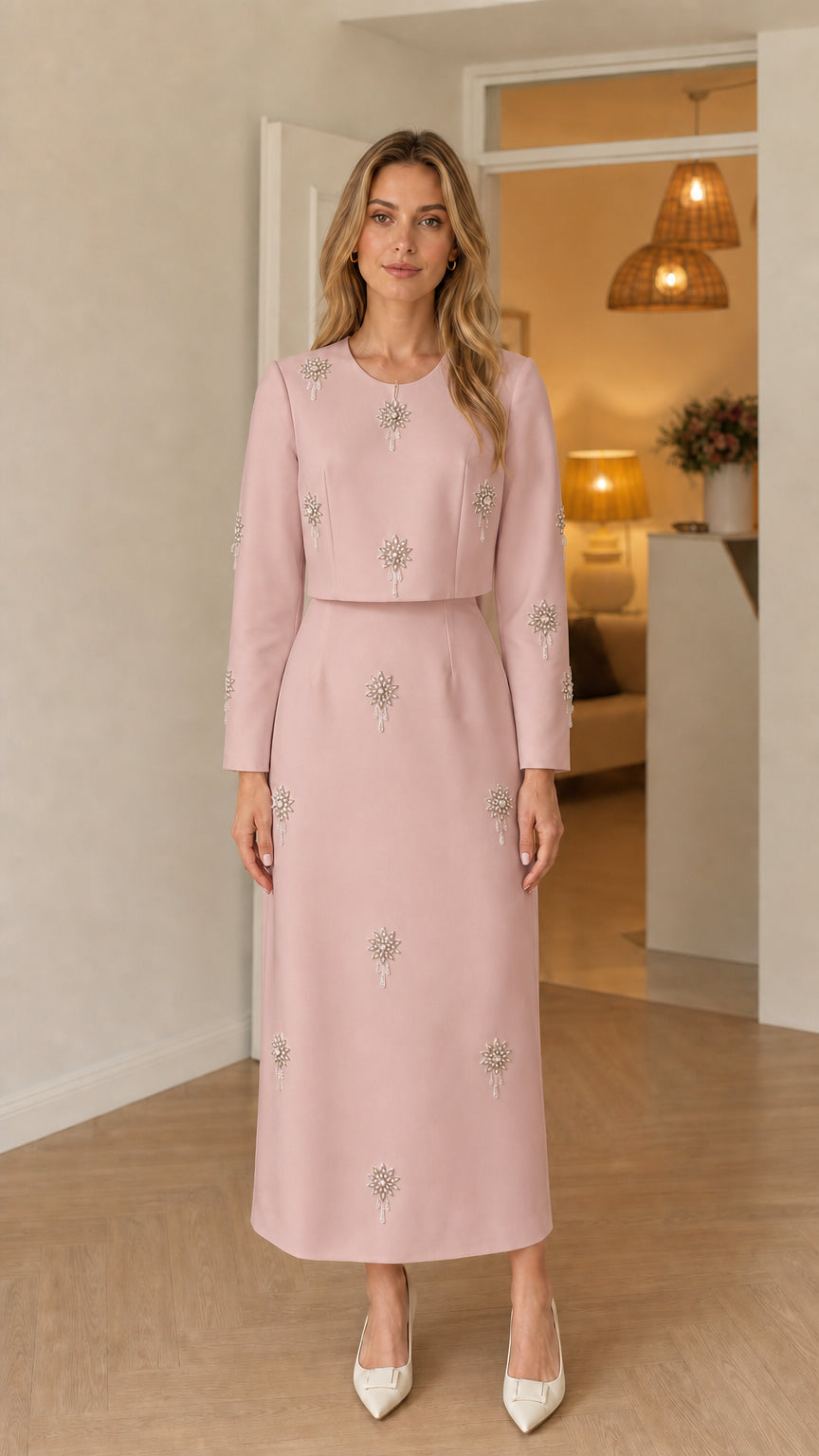 Front view of woman wearing dusty pink long sleeve embellished maxi dress