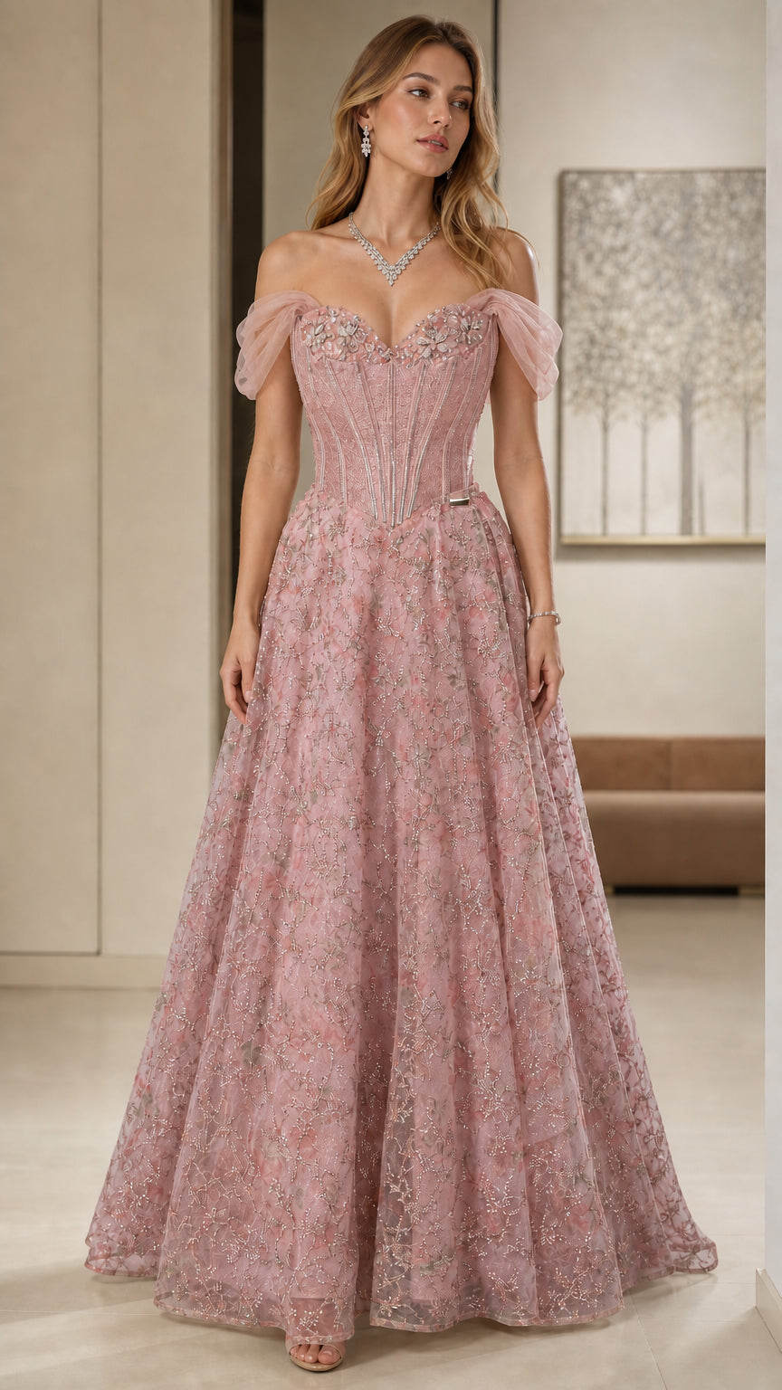 Dusty pink off-the-shoulder sparkling corset A-line ballgown