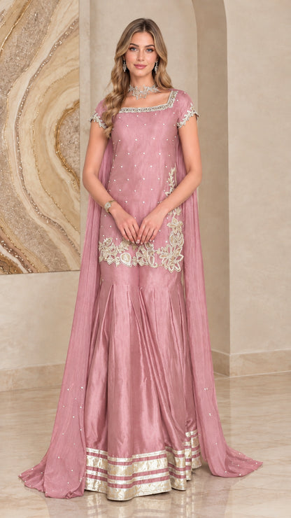 Dusty pink embroidered cape sharara suit set with metallic borders