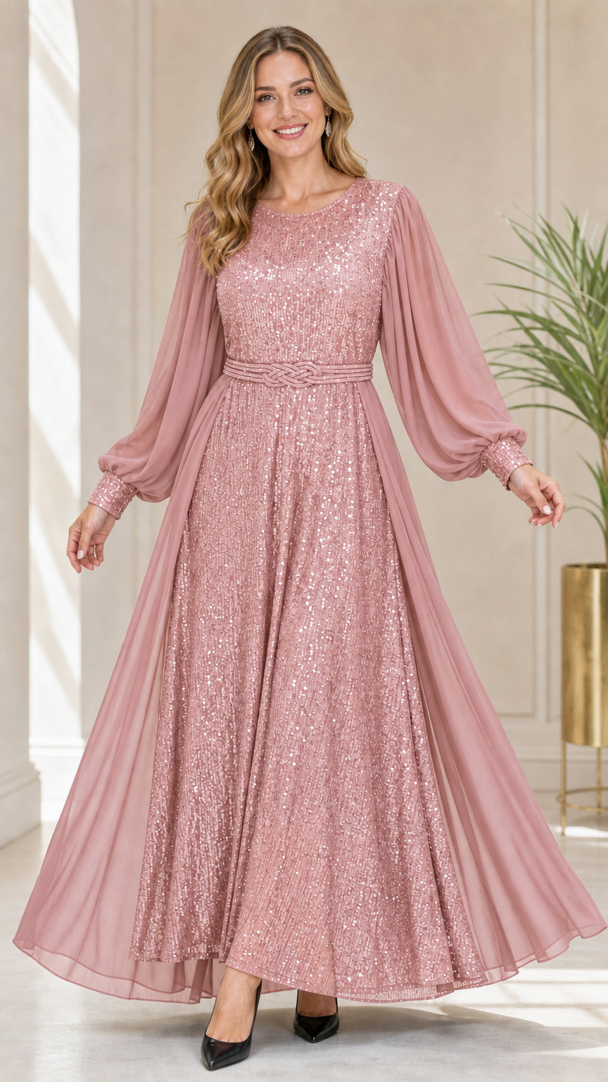 Full-length view of dusty rose sequin long sleeve formal maxi dress